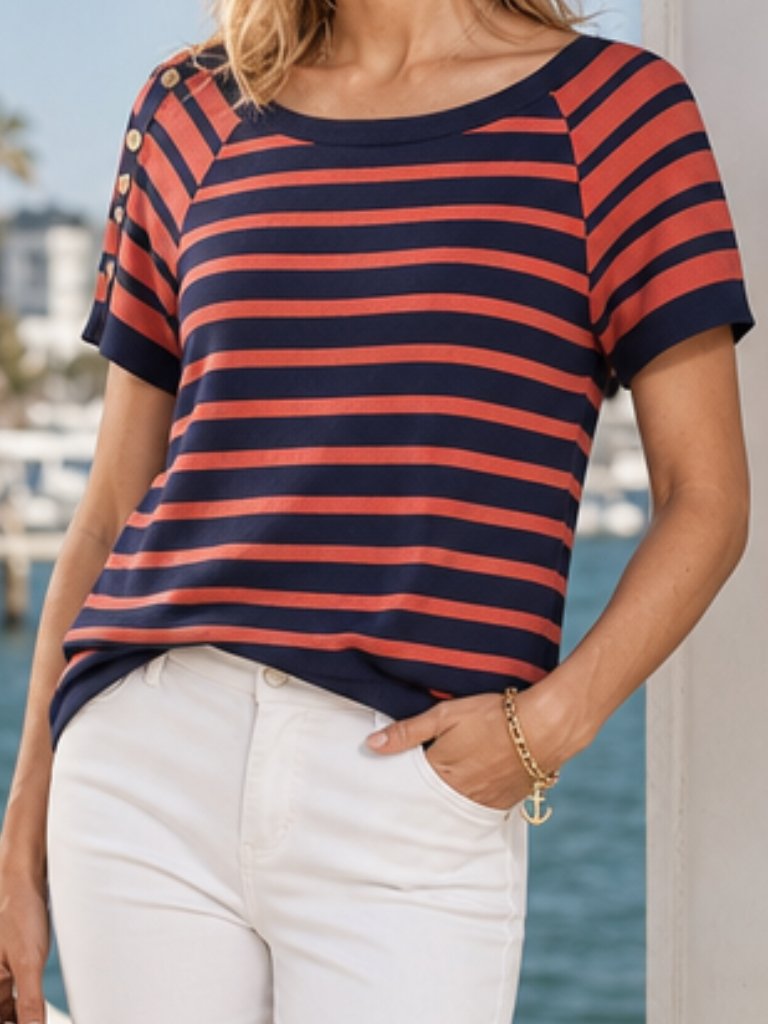 H&M Nautical Orange Blue Striped Thin Knit Top Large Button Shoulder Detail